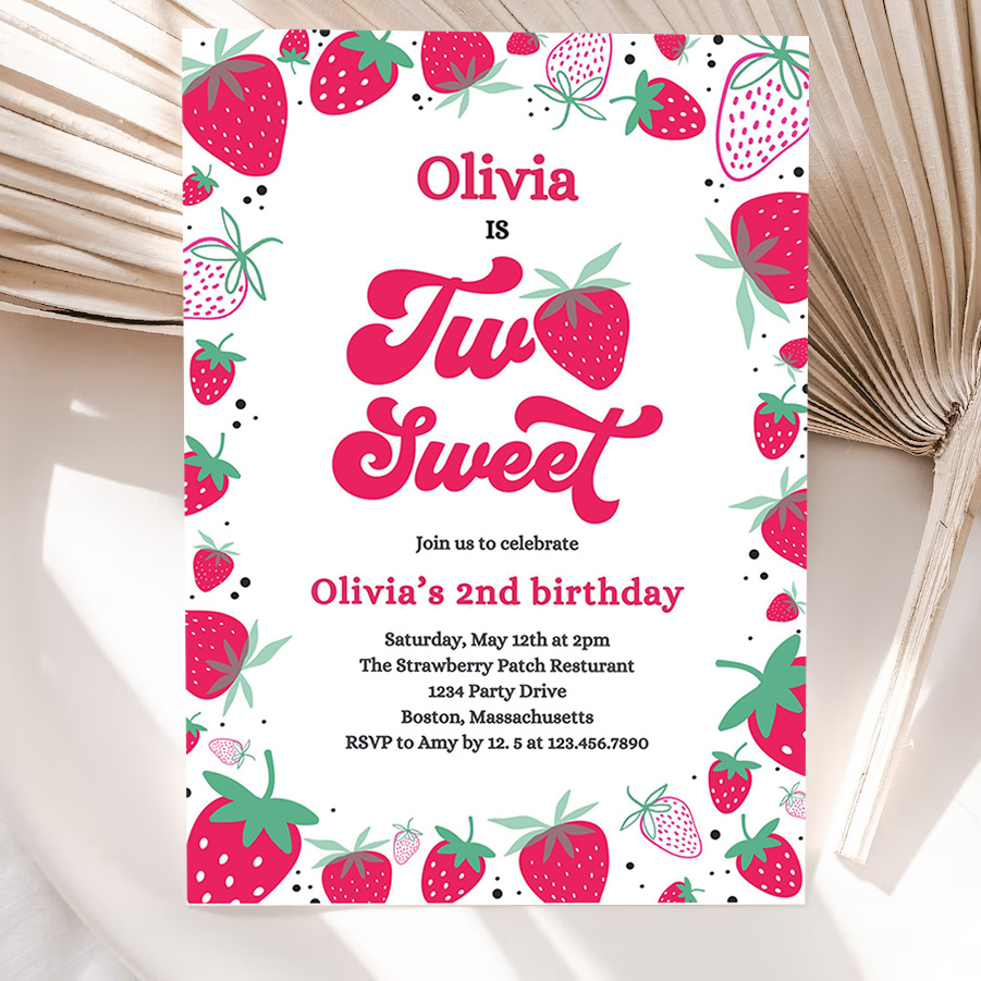 editable strawberry two sweet birthday invitation two sweet strawberry 2nd birthday summer berries party invitation 5