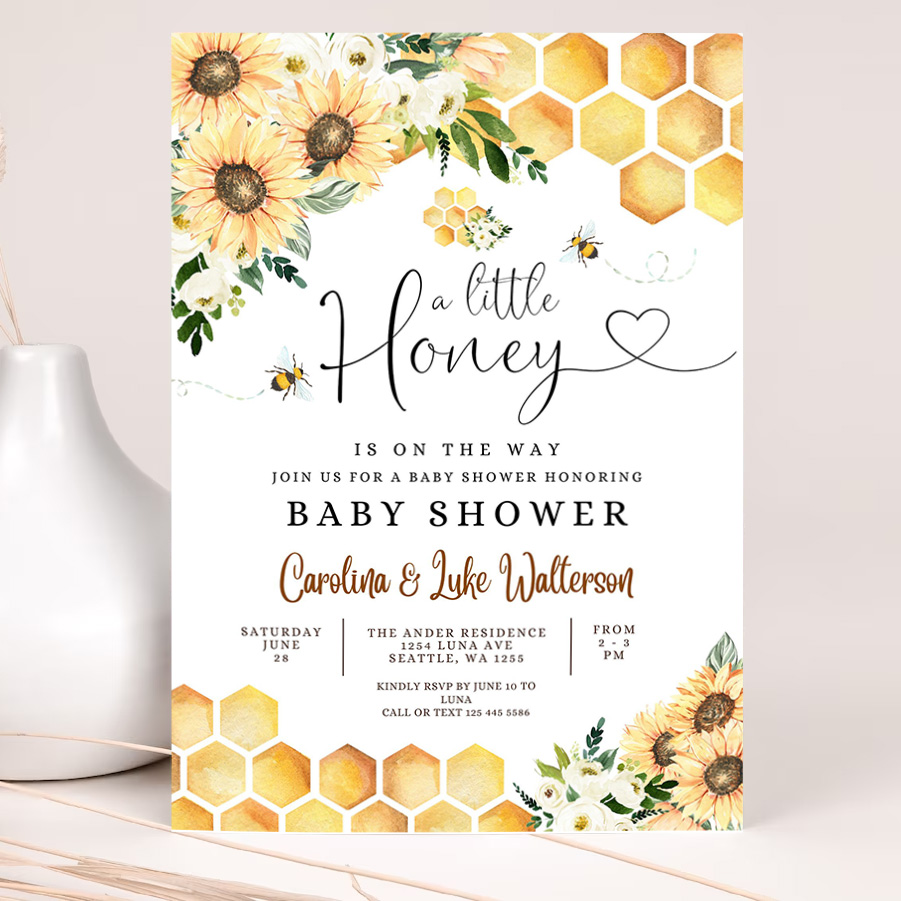 editable sunflower bee a little honey baby shower invitation gender neutral baby shower invite printable template 2