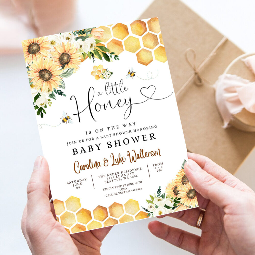 editable sunflower bee a little honey baby shower invitation gender neutral baby shower invite printable template 7