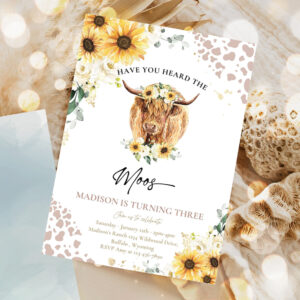 editable sunflower cow birthday party invitation have you heard the moos floral highland cow birthday party invitation 1