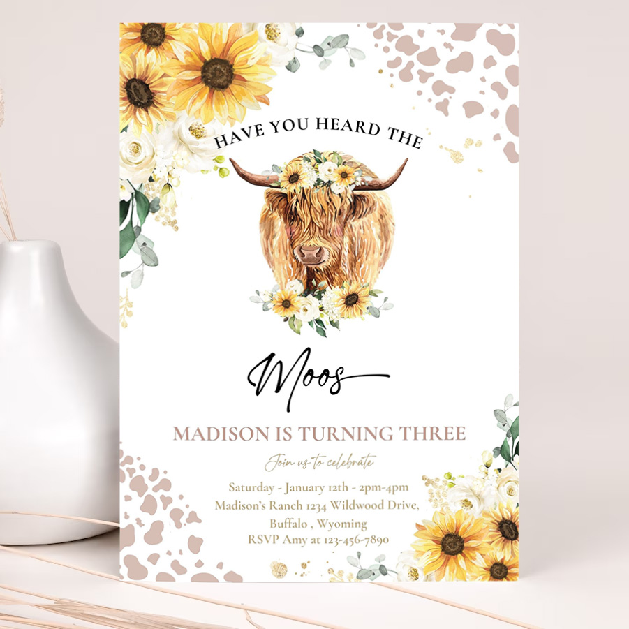 editable sunflower cow birthday party invitation have you heard the moos floral highland cow birthday party invitation 2