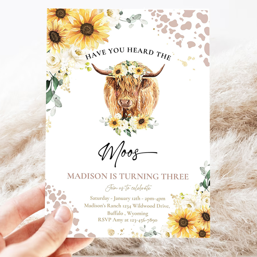 editable sunflower cow birthday party invitation have you heard the moos floral highland cow birthday party invitation 3