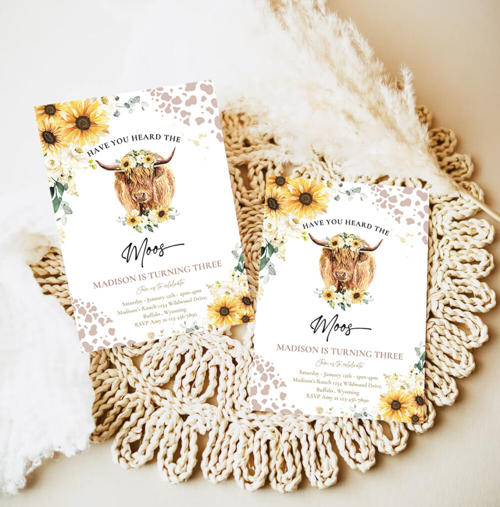 editable sunflower cow birthday party invitation have you heard the moos floral highland cow birthday party invitation 7