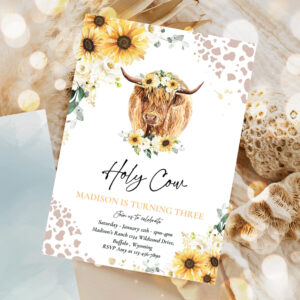 editable sunflower cow birthday party invitation holy cow im one party summer floral highland cow party 1