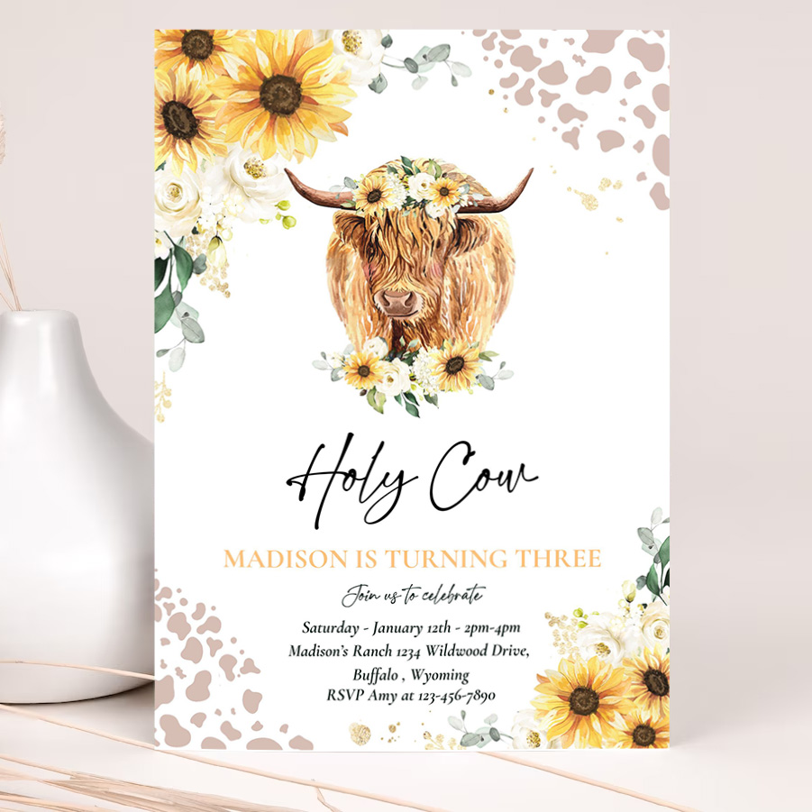 editable sunflower cow birthday party invitation holy cow im one party summer floral highland cow party 2