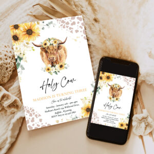 editable sunflower cow birthday party invitation holy cow im one party summer floral highland cow party 6