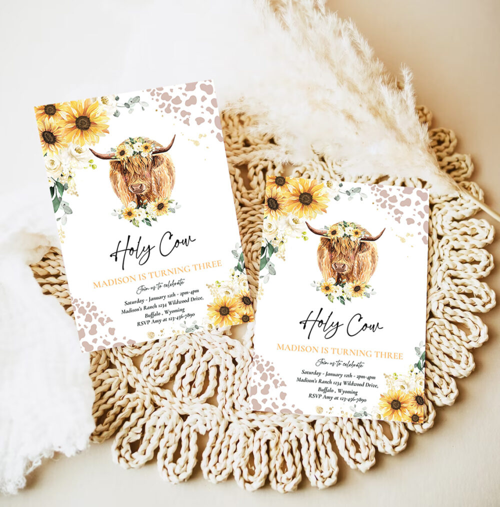 editable sunflower cow birthday party invitation holy cow im one party summer floral highland cow party 7