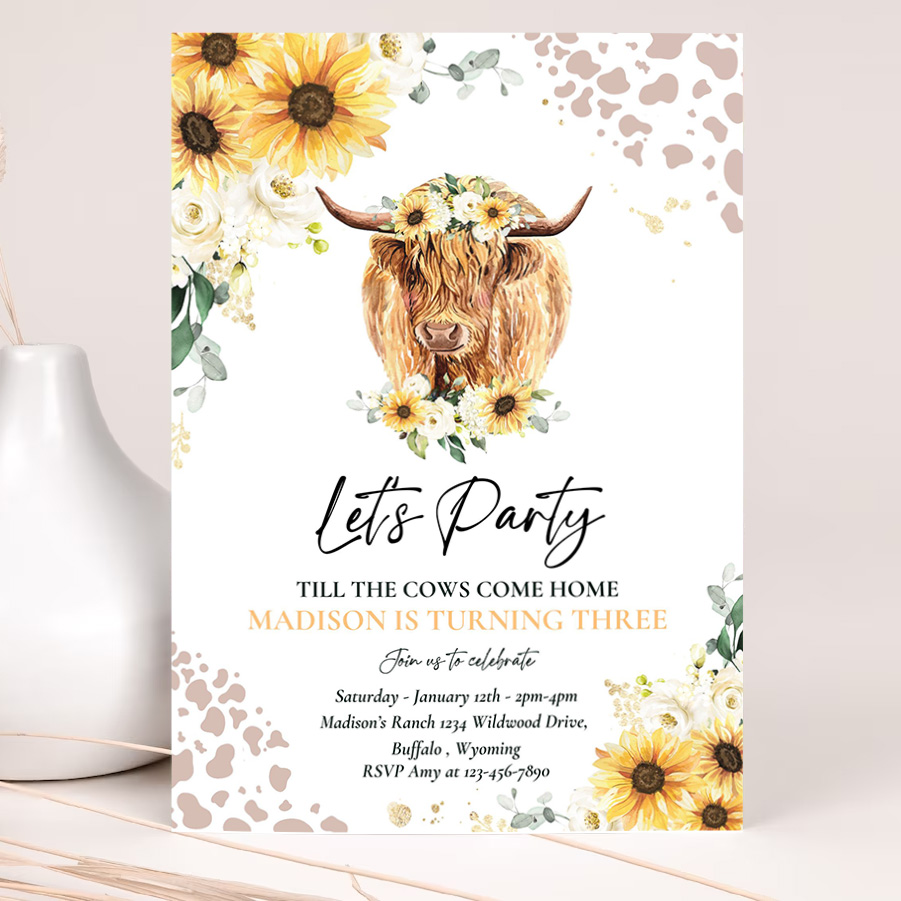 editable sunflower cow birthday party invitation lets party till the cows come home floral highland cow party 2