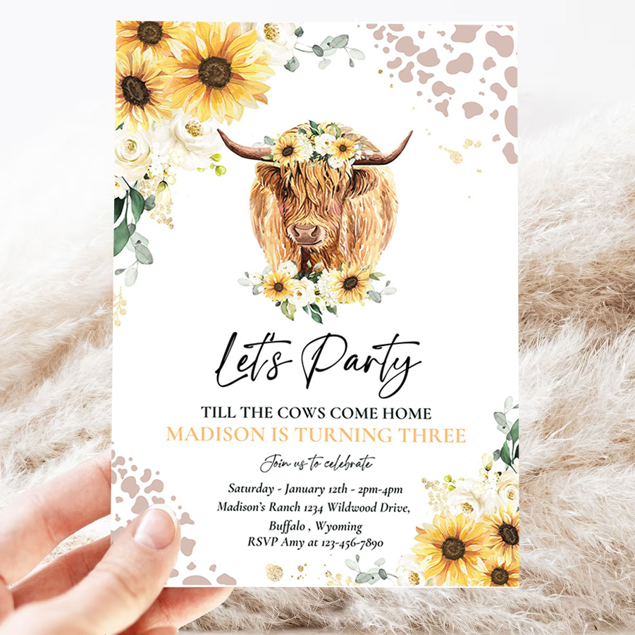 editable sunflower cow birthday party invitation lets party till the cows come home floral highland cow party 3