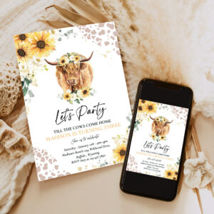 editable sunflower cow birthday party invitation lets party till the cows come home floral highland cow party 6