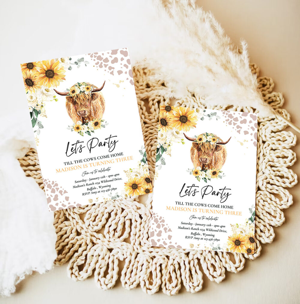 editable sunflower cow birthday party invitation lets party till the cows come home floral highland cow party 7