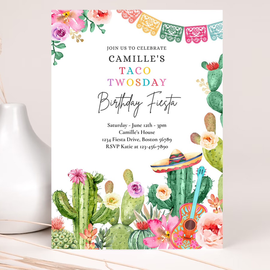 editable taco twosday 2nd birthday fiesta invitation fiesta 2nd birthday party watercolor cactus mexican birthday party 2