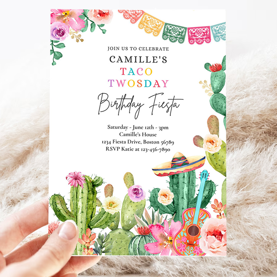 editable taco twosday 2nd birthday fiesta invitation fiesta 2nd birthday party watercolor cactus mexican birthday party 3
