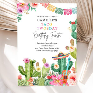 editable taco twosday 2nd birthday fiesta invitation fiesta 2nd birthday party watercolor cactus mexican birthday party 5