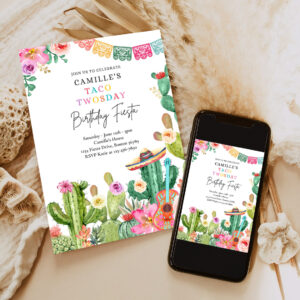 editable taco twosday 2nd birthday fiesta invitation fiesta 2nd birthday party watercolor cactus mexican birthday party 6