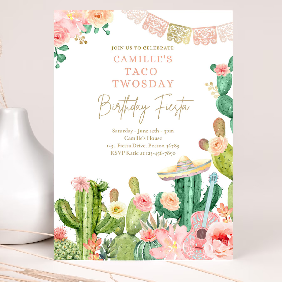 editable taco twosday 2nd birthday fiesta invitation fiesta 2nd birthday party watercolor cactus mexican birthday party invites 2