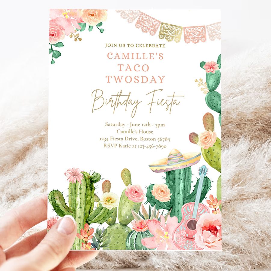 editable taco twosday 2nd birthday fiesta invitation fiesta 2nd birthday party watercolor cactus mexican birthday party invites 3