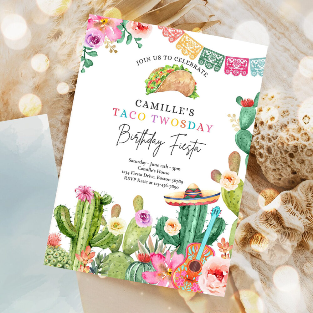 editable taco twosday 2nd birthday fiesta party invitation fiesta 2nd birthday party watercolor cactus mexican birthday party 1