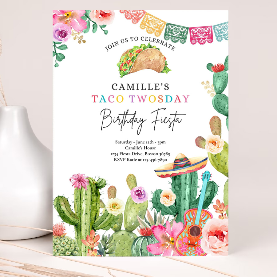 editable taco twosday 2nd birthday fiesta party invitation fiesta 2nd birthday party watercolor cactus mexican birthday party 2