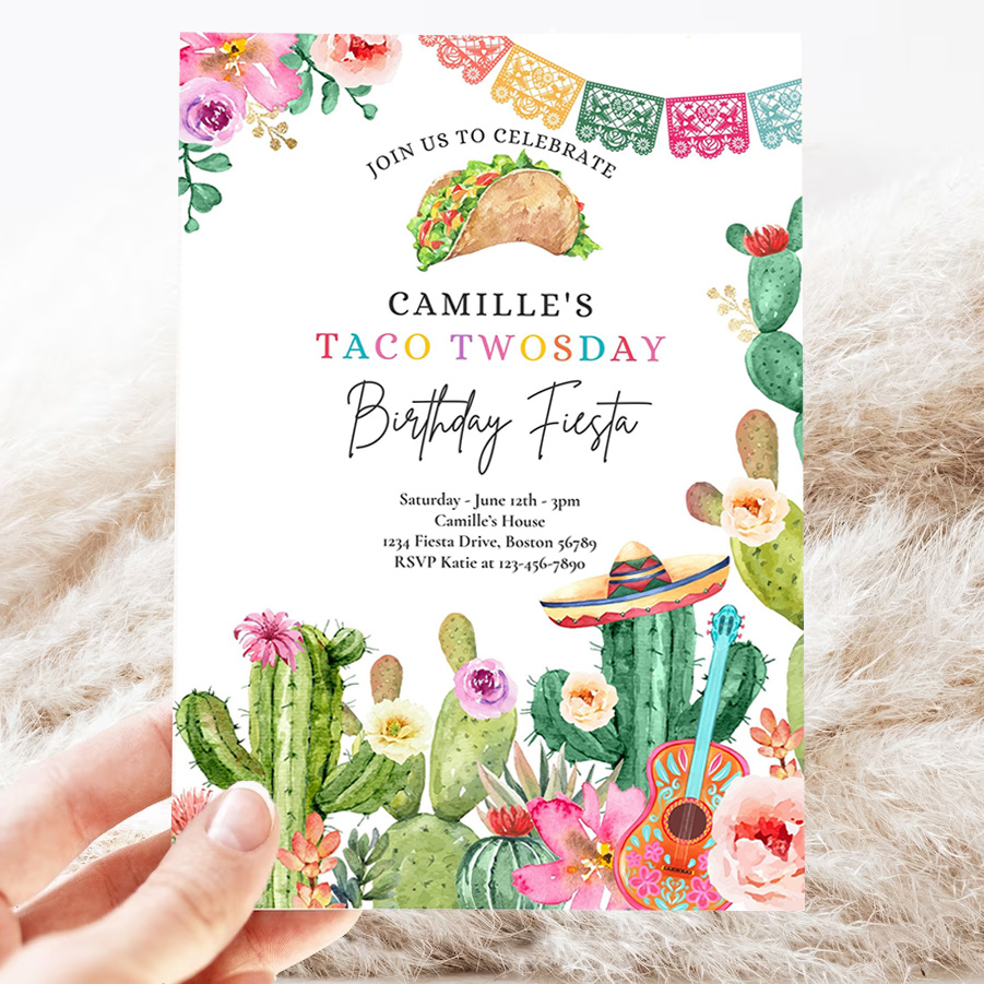 editable taco twosday 2nd birthday fiesta party invitation fiesta 2nd birthday party watercolor cactus mexican birthday party 3