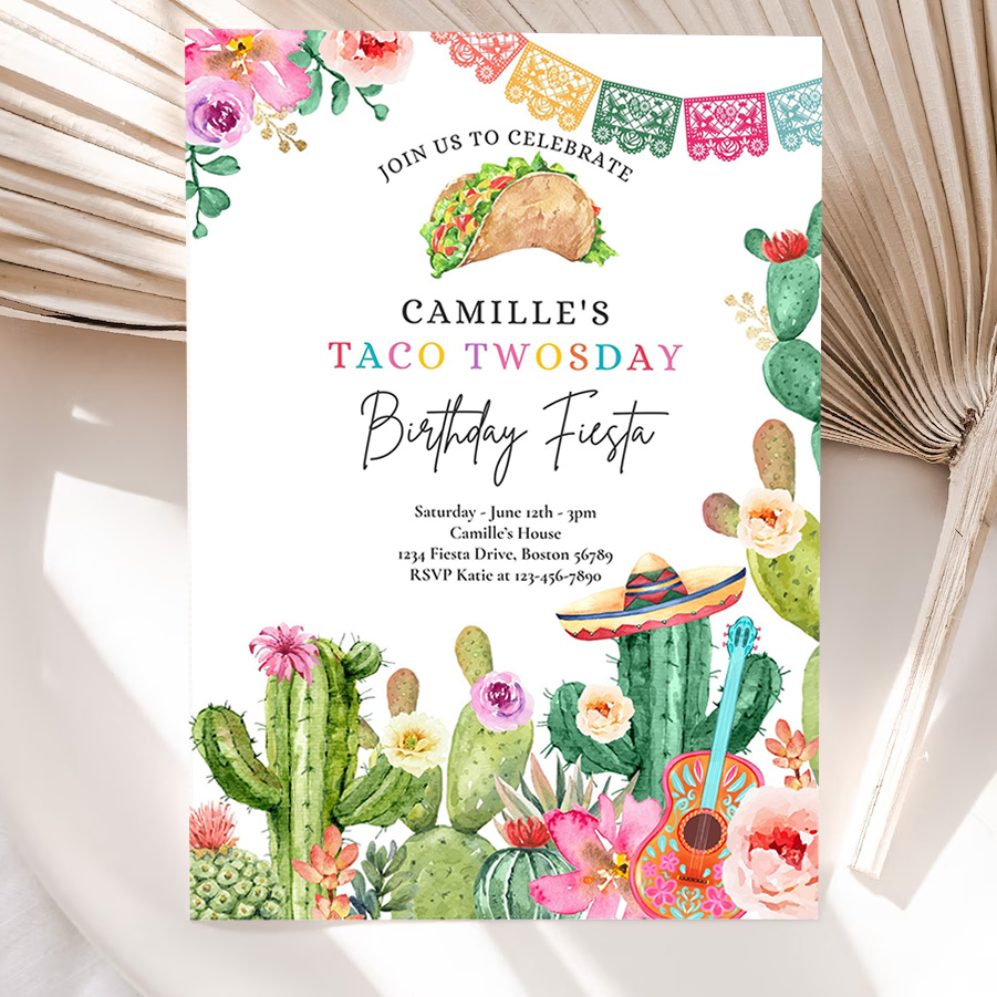 editable taco twosday 2nd birthday fiesta party invitation fiesta 2nd birthday party watercolor cactus mexican birthday party 5