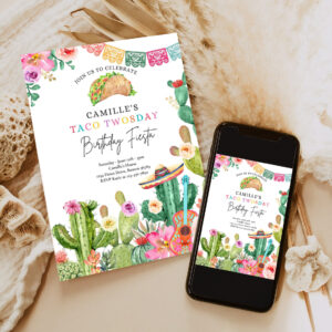 editable taco twosday 2nd birthday fiesta party invitation fiesta 2nd birthday party watercolor cactus mexican birthday party 6