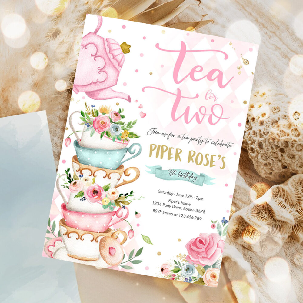 editable tea for two birthday invitation tea for two 2nd birthday party pink gold floral whimsical tea party 1