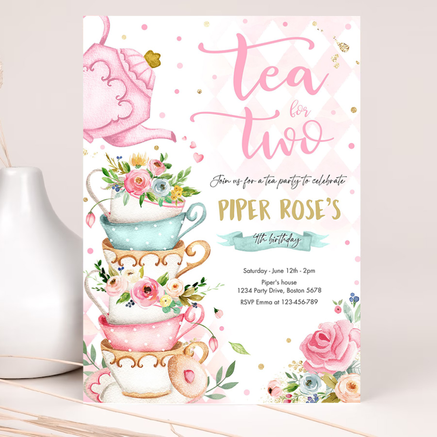 editable tea for two birthday invitation tea for two 2nd birthday party pink gold floral whimsical tea party 2