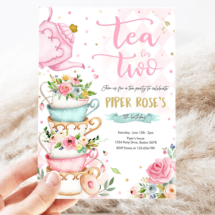 editable tea for two birthday invitation tea for two 2nd birthday party pink gold floral whimsical tea party 3