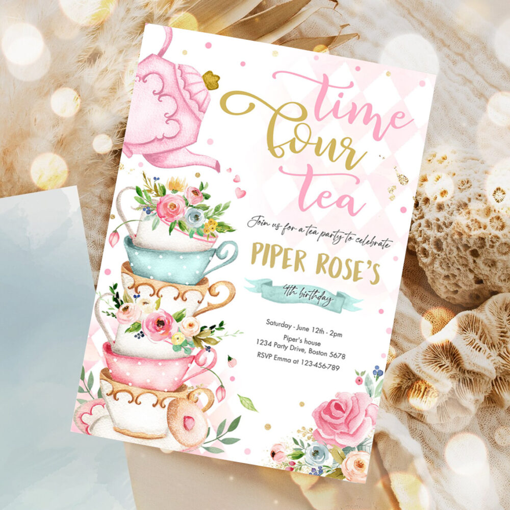 editable tea party birthday invitation time four tea 4th birthday party pink gold floral whimsical 4th birthday party invitation 1