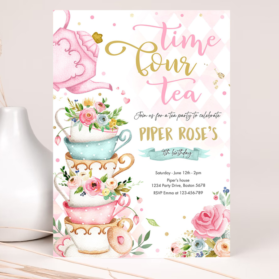 editable tea party birthday invitation time four tea 4th birthday party pink gold floral whimsical 4th birthday party invitation 2