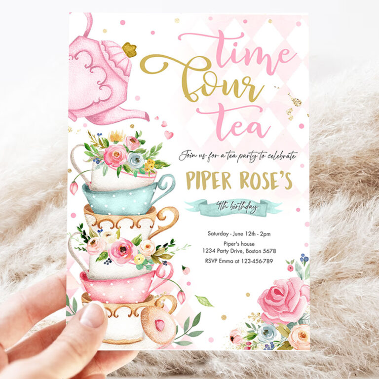 editable tea party birthday invitation time four tea 4th birthday party pink gold floral whimsical 4th birthday party invitation 3