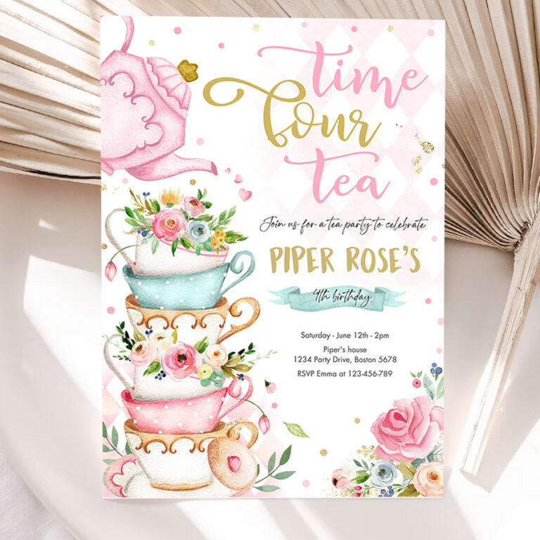 editable tea party birthday invitation time four tea 4th birthday party pink gold floral whimsical 4th birthday party invitation 5