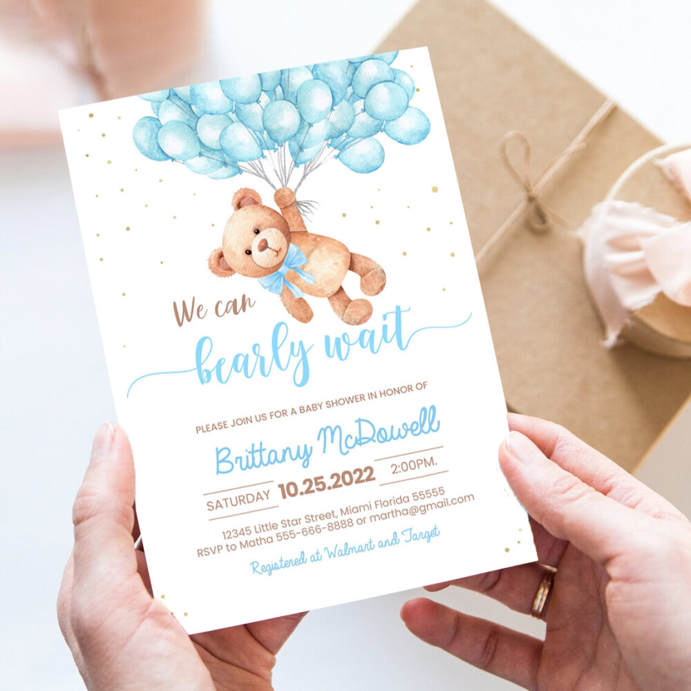 editable teddy bear baby shower invitation bear themed baby shower invite printable bear with balloons invitations template 7