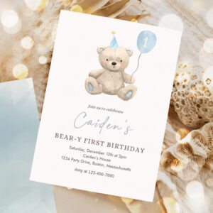 editable teddy bear birthday invitation blue boy teddy bear party bear y first birthday party bear balloons 1st birthday party 1
