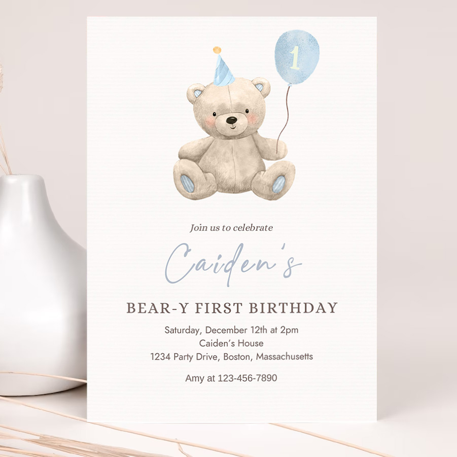editable teddy bear birthday invitation blue boy teddy bear party bear y first birthday party bear balloons 1st birthday party 2