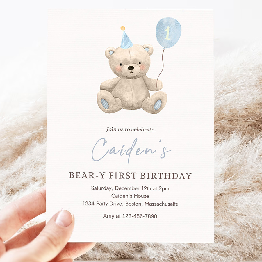 editable teddy bear birthday invitation blue boy teddy bear party bear y first birthday party bear balloons 1st birthday party 3