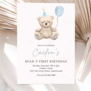editable teddy bear birthday invitation blue boy teddy bear party bear y first birthday party bear balloons 1st birthday party 5