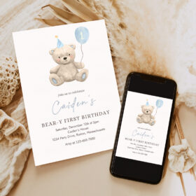 editable teddy bear birthday invitation blue boy teddy bear party bear y first birthday party bear balloons 1st birthday party 6