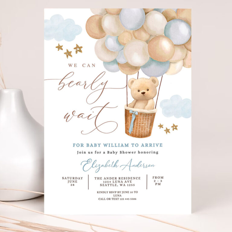 editable teddy bear hot air balloon baby shower invitation blue tan beige we can bearly wait invites template 2