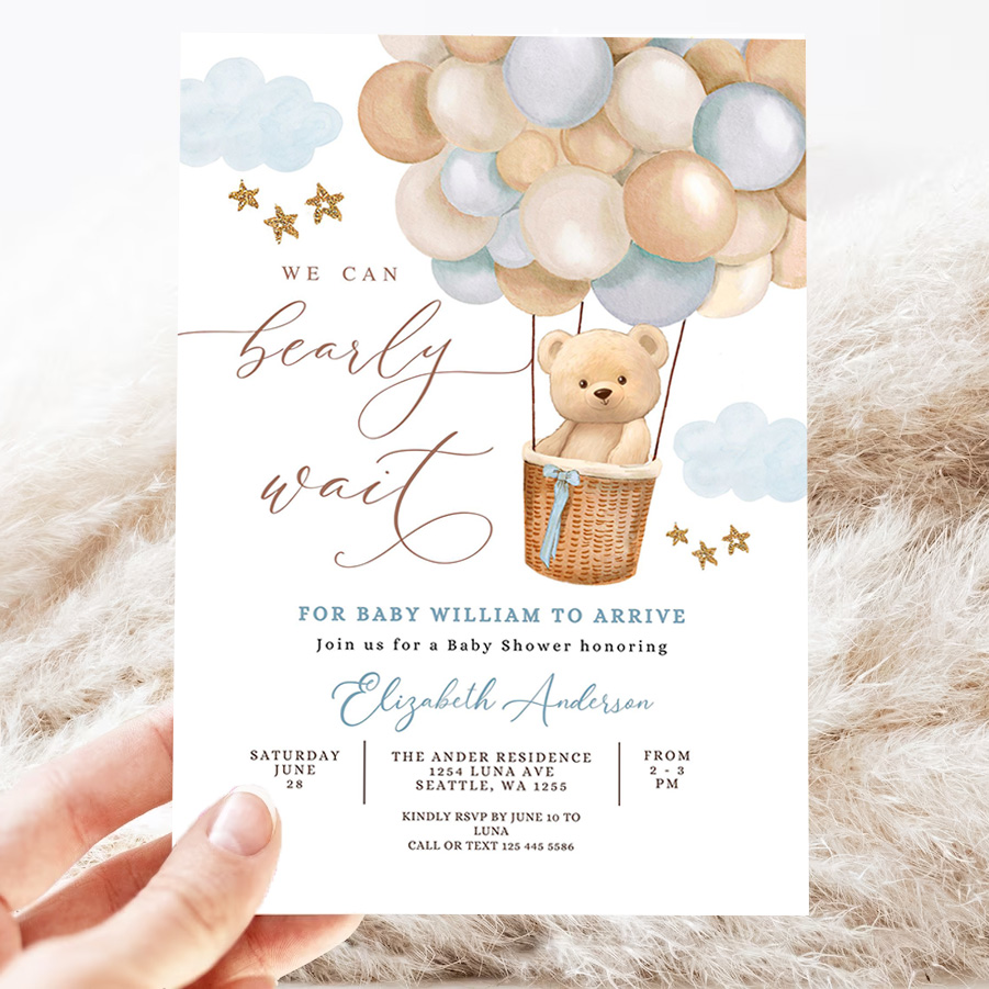 editable teddy bear hot air balloon baby shower invitation blue tan beige we can bearly wait invites template 3