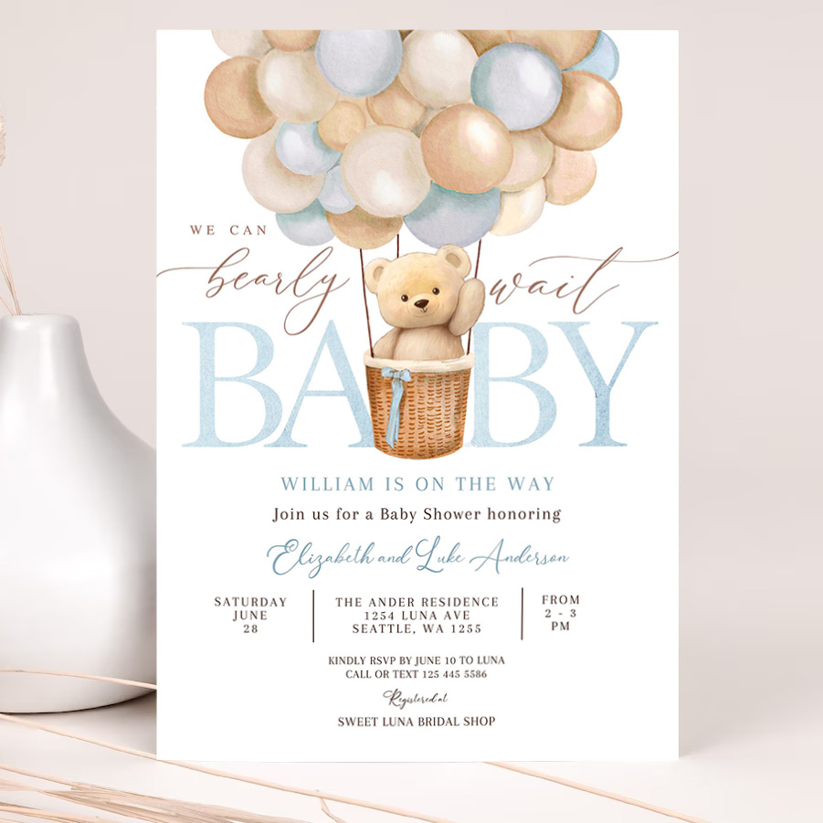 editable teddy bear hot air balloon bear theme baby shower invitation we can bearly wait invites template 2