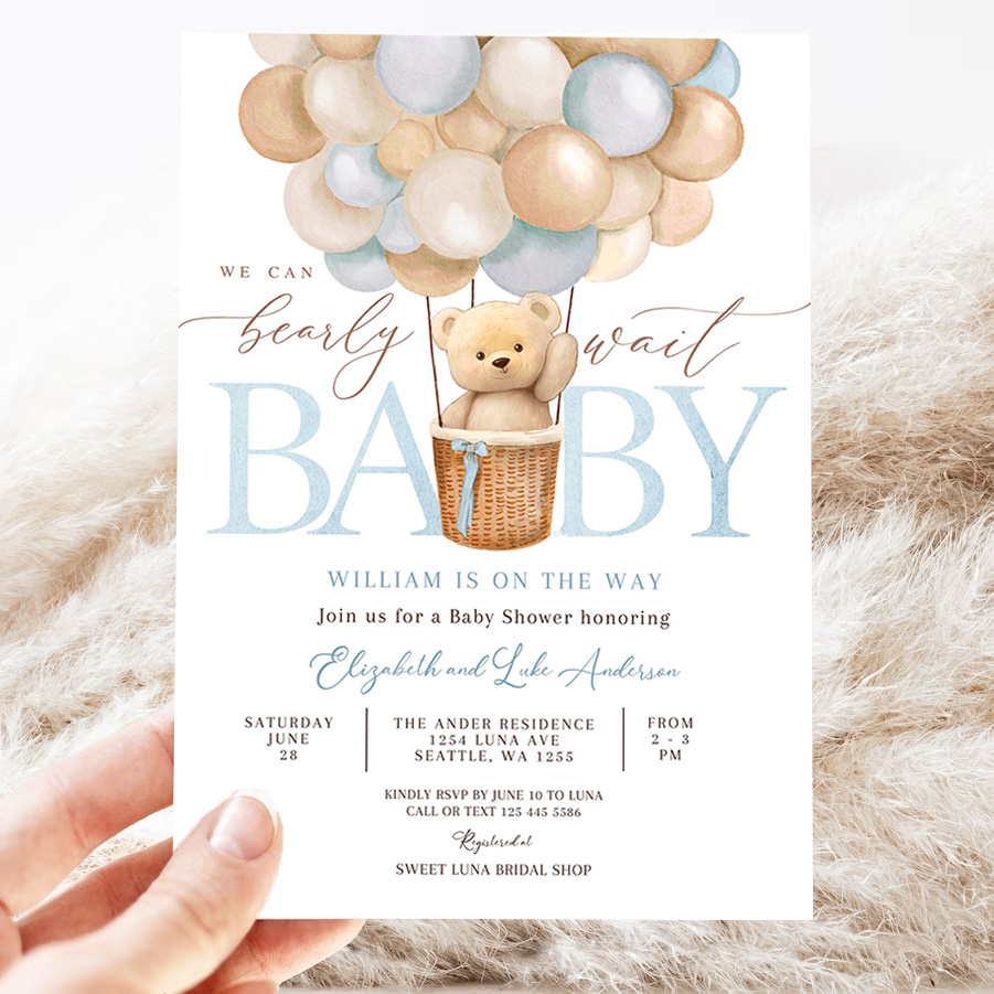 editable teddy bear hot air balloon bear theme baby shower invitation we can bearly wait invites template 3