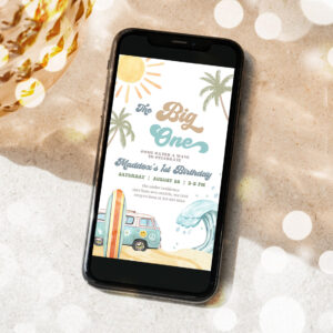 editable the big one surf 1st birthday evite retro surfboard beach party wave surfer boho invite phone download template