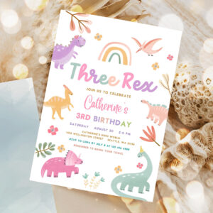 editable three rex invitation dino birthday invite 3 rex pink lavender purple dino party printable template 1