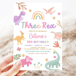 editable three rex invitation dino birthday invite 3 rex pink lavender purple dino party printable template 3