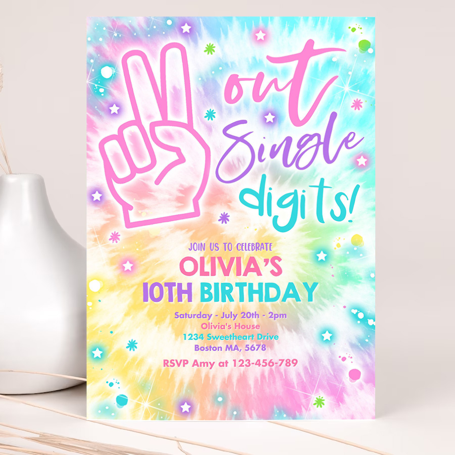 editable tie dye birthday party invitation peace out single digits hippy tie dye party double digits tween vsco girl 2