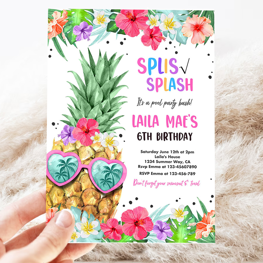 editable tropical pool party invitation hawaiian luau pool birthday pineapple birthday party pineapple pool party 3