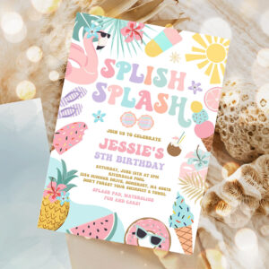 editable tropical splish splash water birthday party invitation girly splash pad water slide paddling pool summer party 1