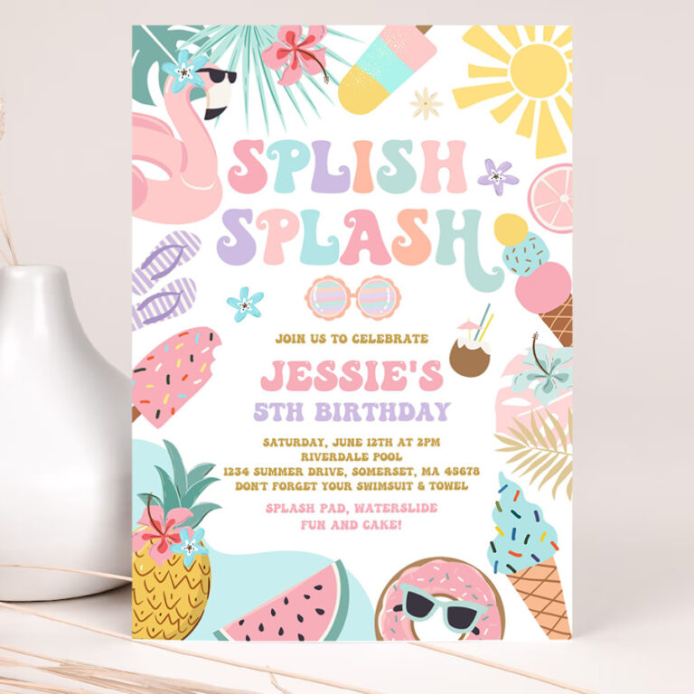 editable tropical splish splash water birthday party invitation girly splash pad water slide paddling pool summer party 2